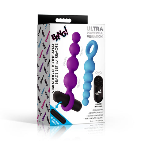 Bang Vibrating Silicone Anal Beads Set with Remote packaging showcasing its features and design.
