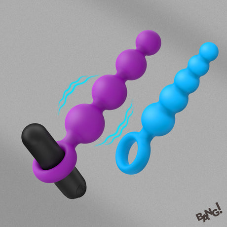 Bang Vibrating Silicone Anal Beads Set with Remote featuring two graduated bead strands and a removal vibrating bullet.