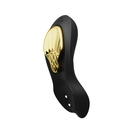 ZALO Aya Wearable Vibrator in Obsidian Black with ergonomic design and gold accents for external and internal stimulation.