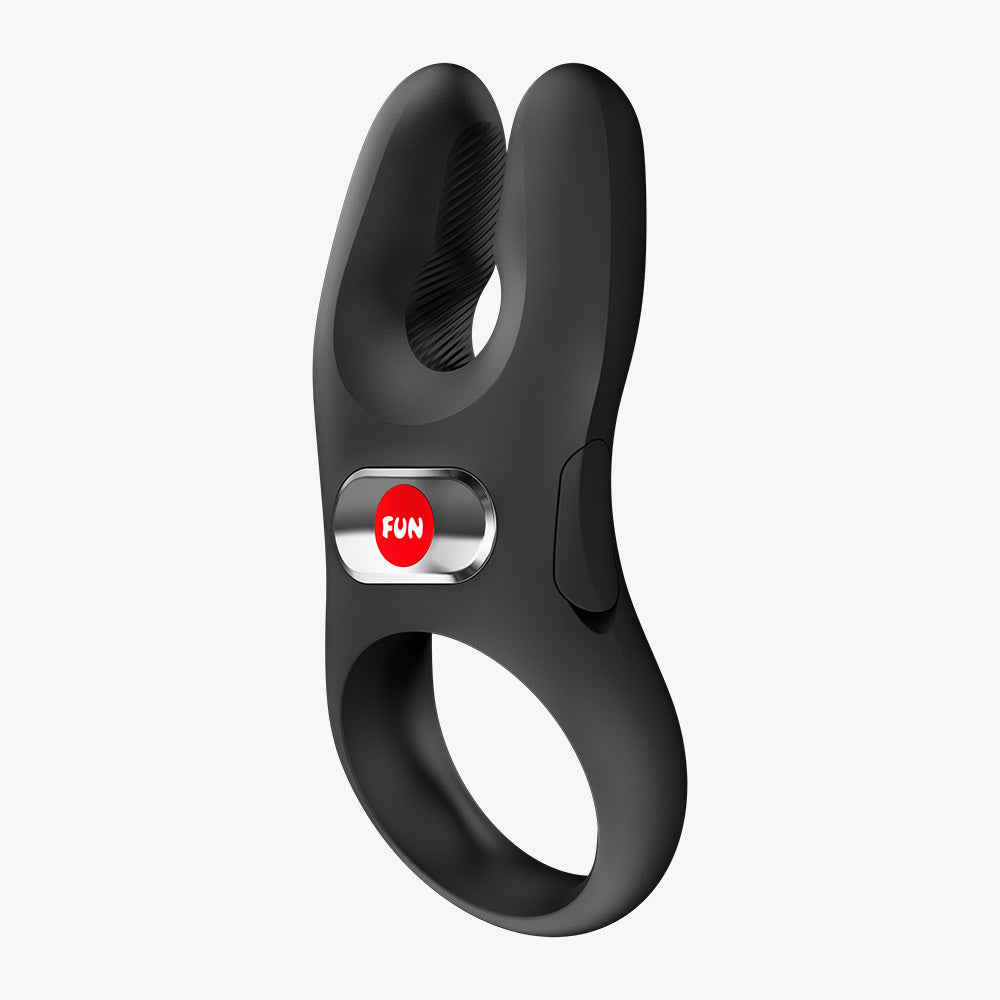 Fun Factory NOS Pro Vibrating Cock Ring Black features flexible extensions for enhanced pleasure.