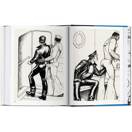 Interior pages of Tom of Finland The Complete Kake Comics showcasing iconic illustrations of Kake and his leather-clad companions.