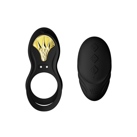 ZALO Bayek Vibrating Couples Ring in Obsidian Black with Remote Control, featuring 8 Vibration Modes and USB Rechargeable Battery.