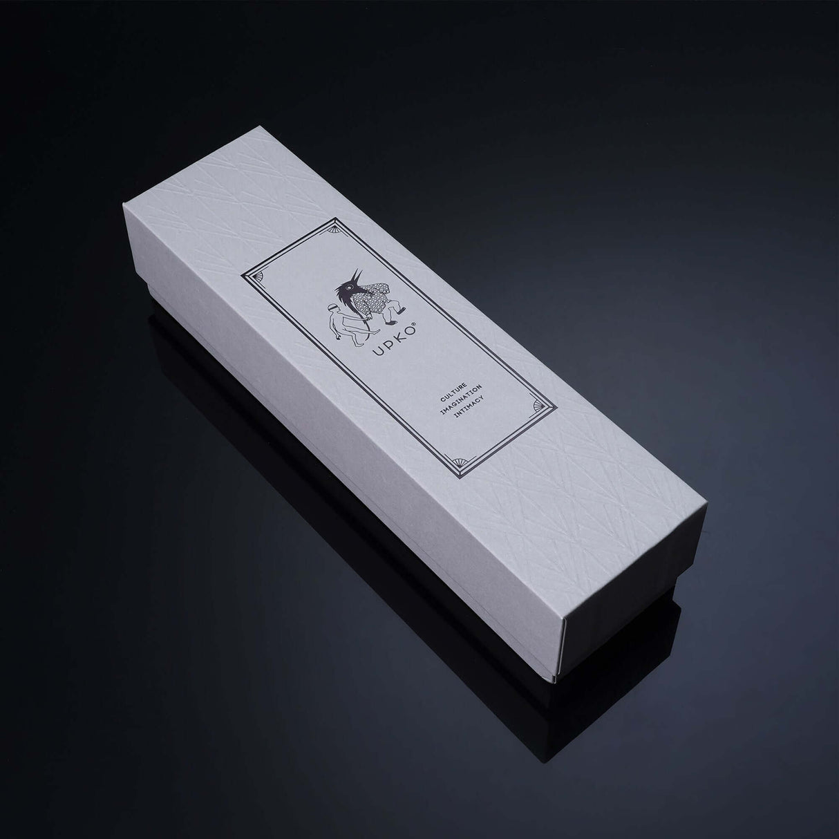 Elegant white packaging box with embossed design and logo, perfect for stylish product presentation.