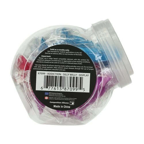 Addiction Silly Willy Glow in the Dark Mini Dongs display container with colorful mini dongs.