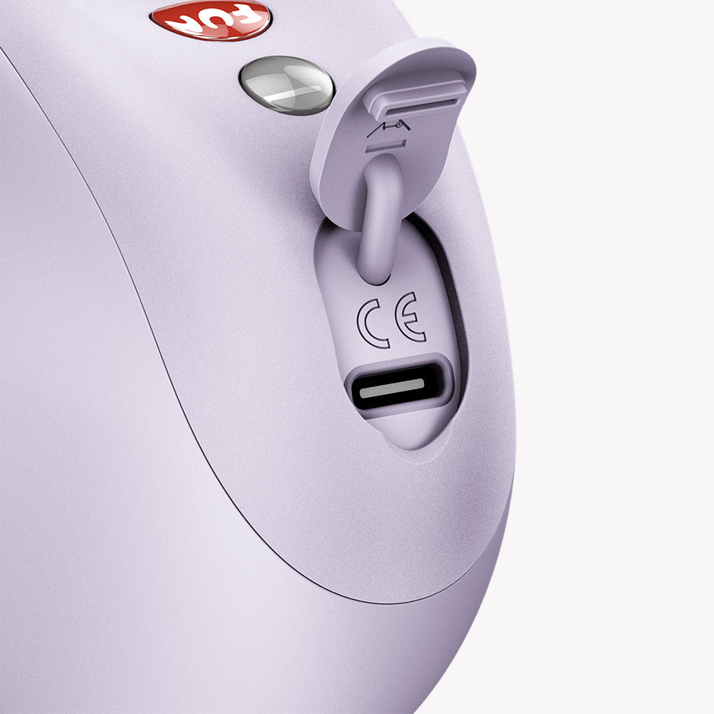 Close-up of the charging port on the Fun Factory Mea Air Pulse Vibrator Purple, showing USB-C connection.