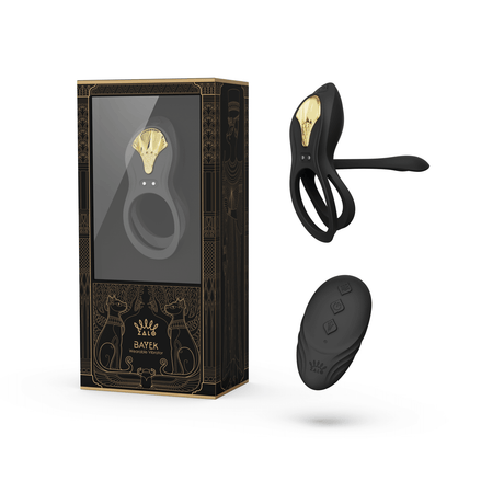 ZALO Bayek vibrating couples ring in obsidian black with remote control and packaging from the Legend Series.