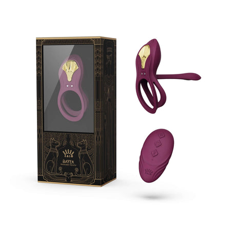 ZALO Bayek Vibrating Couples Ring, Velvet Purple, with Remote Control and packaging. Waterproof, USB Rechargeable, 8 Vibration Modes.