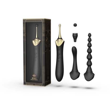 Bess 2 Clitoral Massager in Obsidian Black with multiple attachments and packaging shown, featuring targeted stimulation and waterproof design