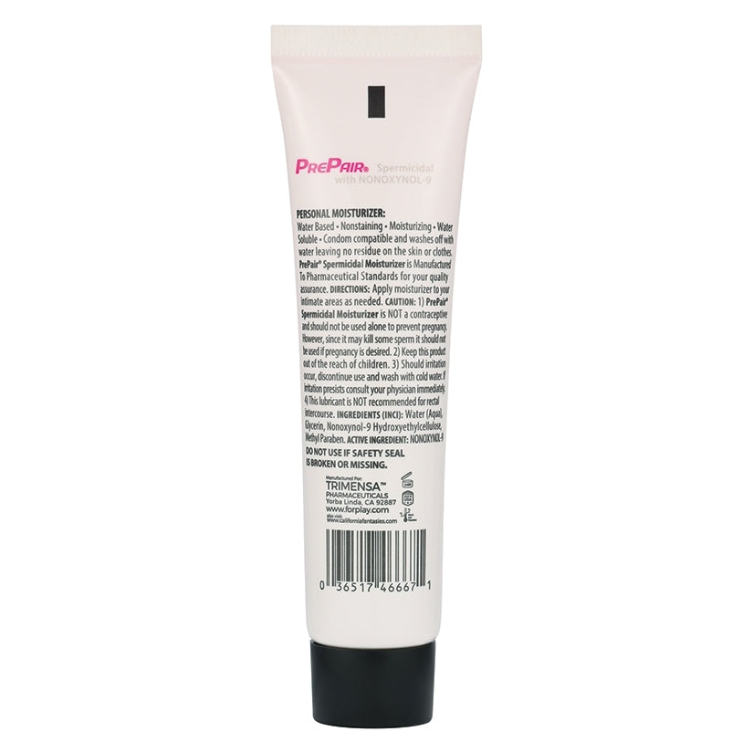 PrePair Spermicidal Water Based Lubricant 1.25 Oz Bowl of 24 tube showing personal moisturizer details and ingredients