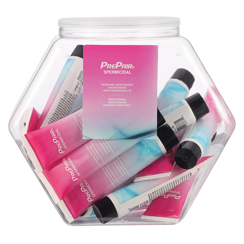 PrePair Spermicidal Water Based Lubricant 1.25 Oz Bowl of 24 in a clear display container.
