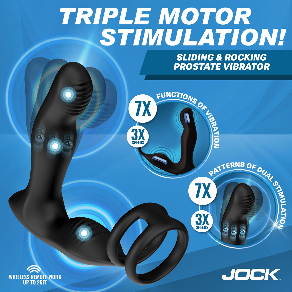 Jock P-Drive Rocking Prostate Vibrator with Cock Ring showcasing triple motor stimulation and remote control features.