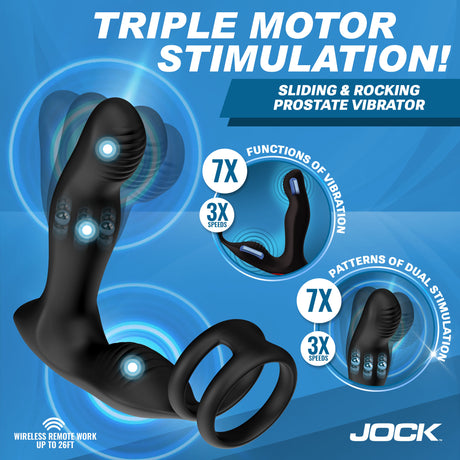 Jock P-Drive Rocking Prostate Vibrator with Cock Ring showcasing triple motor stimulation and remote control features.