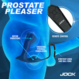 Jock P-Drive Rocking Prostate Vibrator with Cock Ring features motor vibrations and remote control for enhanced pleasure.