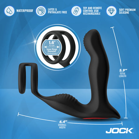 Jock P-Drive Rocking Prostate Vibrator with Cock Ring features waterproof design and dimensions for pleasure.