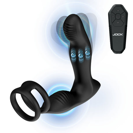Jock P-Drive Rocking Prostate Vibrator with Cock Ring with wireless remote and curved tip for prostate stimulation.