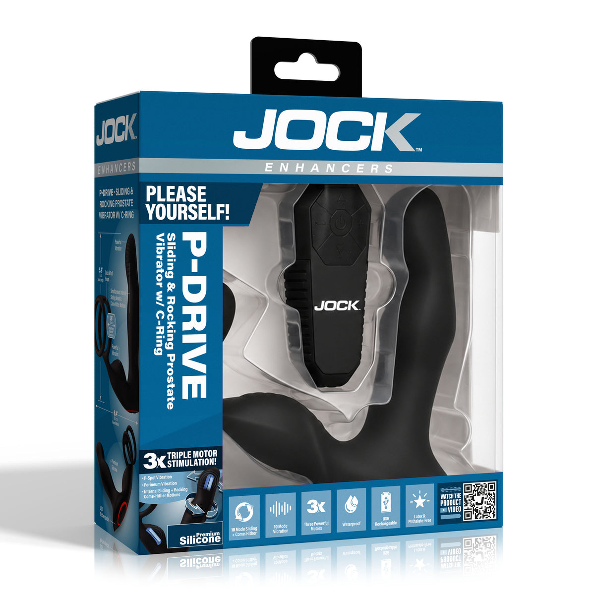 Jock P-Drive Rocking Prostate Vibrator with Cock Ring packaging showcasing the product features and design.