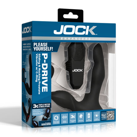 Jock P-Drive Rocking Prostate Vibrator with Cock Ring packaging showcasing the product features and design.