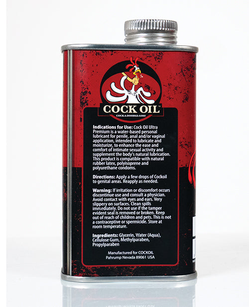 Cock Oil Water-based Lubricant Metal Can With Plastic Liner 9 Oz, product instructions and ingredients on metal can