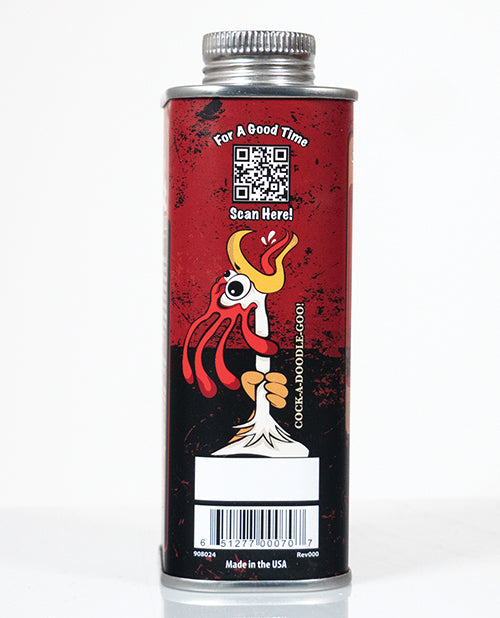 Cock Oil Water-based Lubricant Metal Can With Plastic Liner 9 Oz featuring playful design and QR code.
