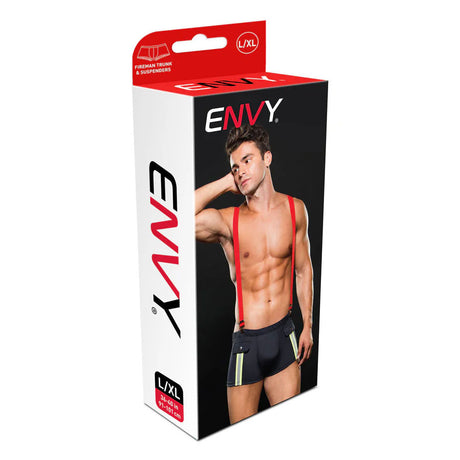 Envy Fireman Bottom With Suspenders L/XL Navy Blue Red packaging featuring a male model wearing bold red suspenders.