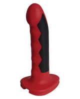 ElectraStim Silicone Fusion Komodo Electro Dildo Red Black side view showcasing its sleek design and textured grip.