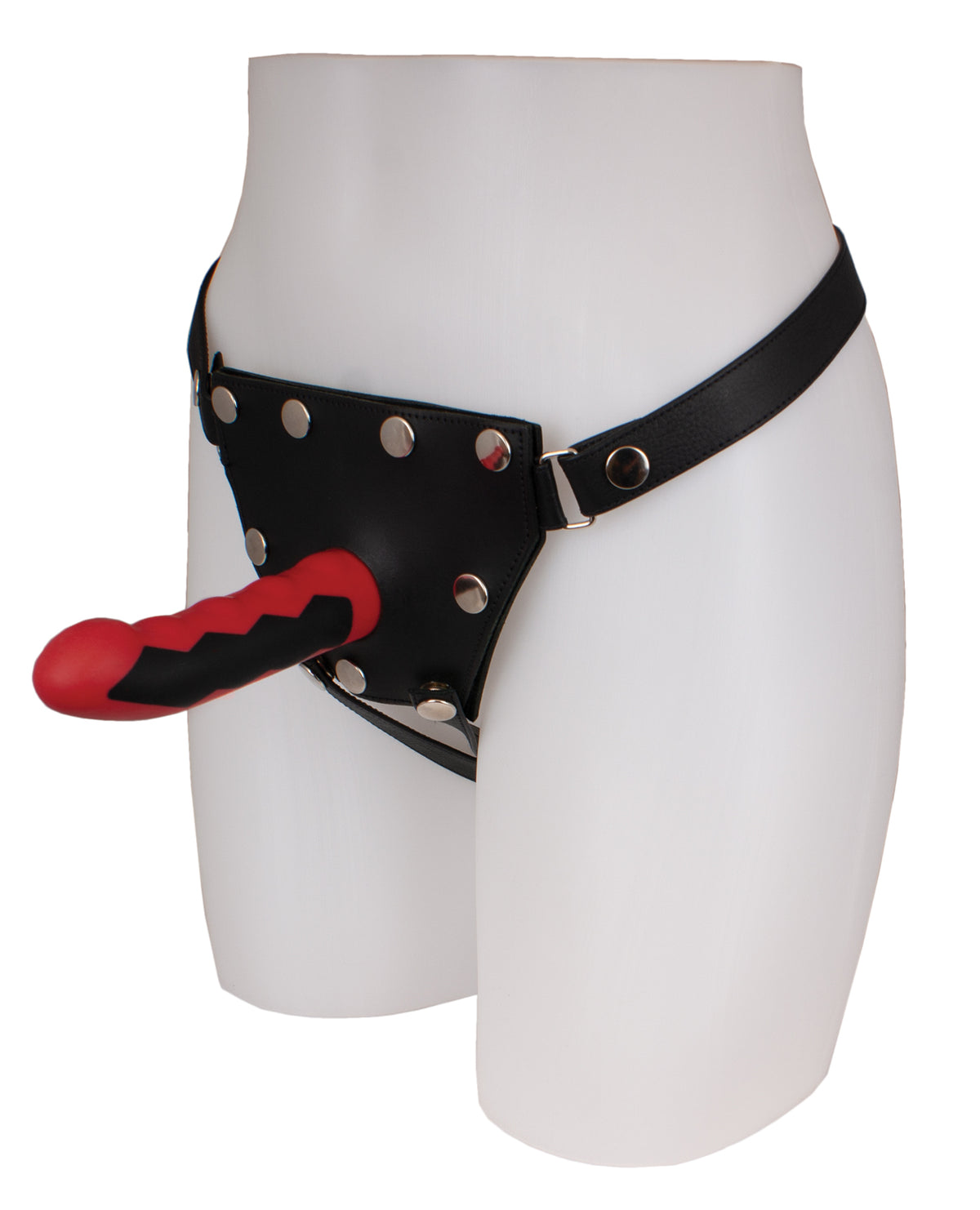 ElectraStim Silicone Fusion Komodo Electro Dildo Red Black in a bondage harness showcasing sleek design.