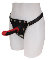 ElectraStim Silicone Fusion Komodo Electro Dildo Red Black in a bondage harness showcasing sleek design.