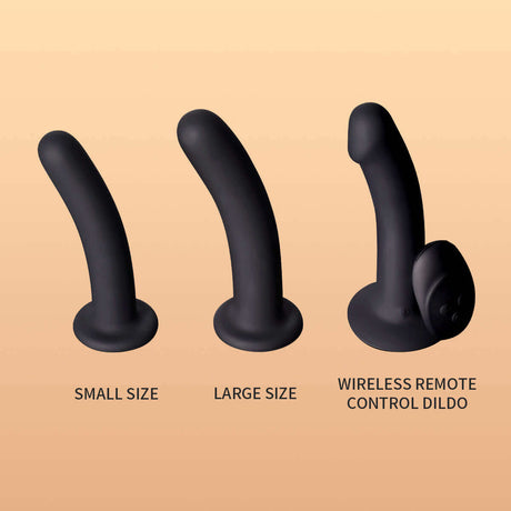 UPKO Strap-on Harness Kit with small, large, and wireless remote control dildo options.