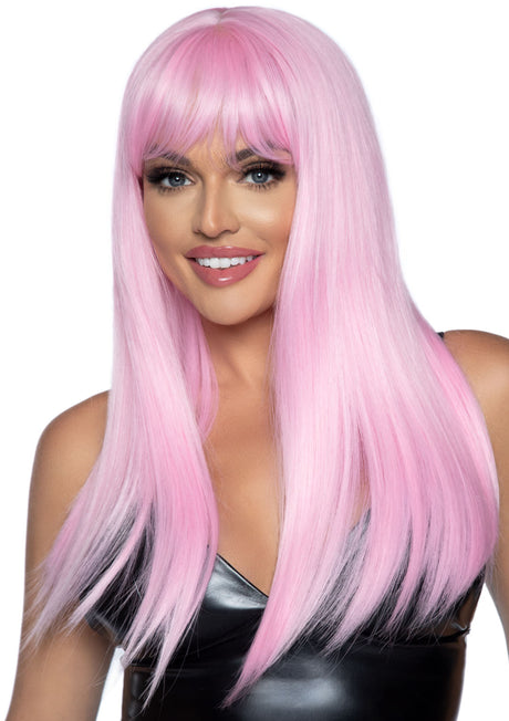Leg Avenue 24 Inch Long Straight Bang Wig Pink worn by a model with a smile, showcasing glossy pastel pink hair.