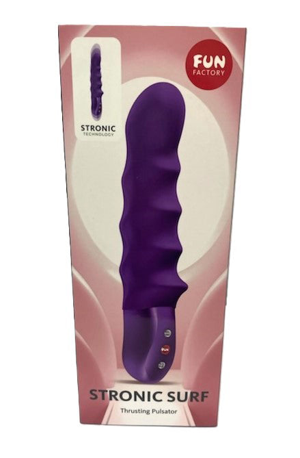 Fun Factory Stronic Surf Thrusting Pulsator Dark Violet in packaging with ergonomic design for versatile stimulation.