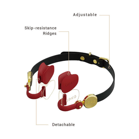 UPKO Luxury Silicone Invisible Mouth Gag with Italian Leather Straps showcasing adjustable design and skip-resistance ridges.