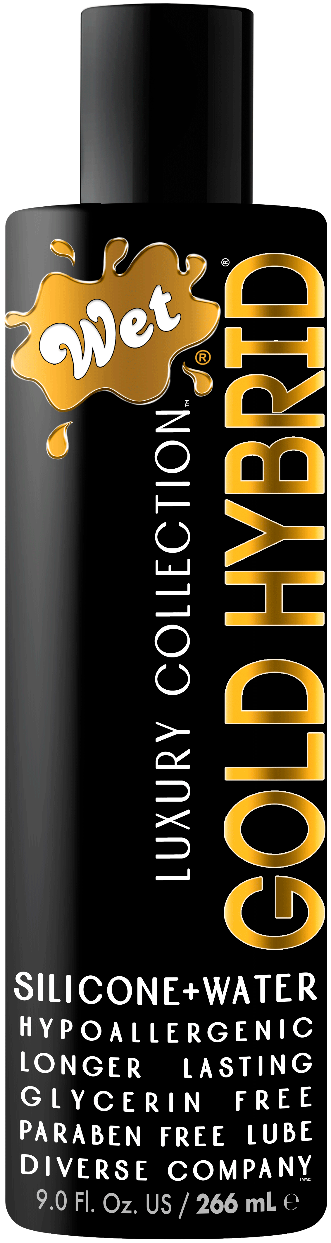 Wet Gold Hybrid Water Silicone Lubricant 9 Oz bottle featuring a sleek design and premium hybrid formula.