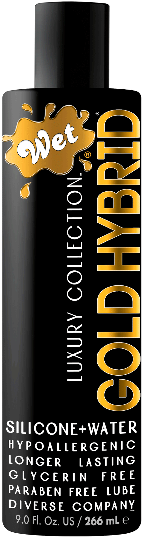 Wet Gold Hybrid Water Silicone Lubricant 9 Oz bottle featuring a sleek design and premium hybrid formula.