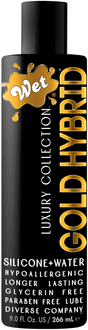 Wet Gold Hybrid Water Silicone Lubricant 9 Oz bottle featuring a sleek design and premium hybrid formula.