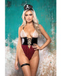 Castaway Rhinestone Teddy 3 Piece Set Black and Red S/M featuring lace-up detailing and rhinestone cups.