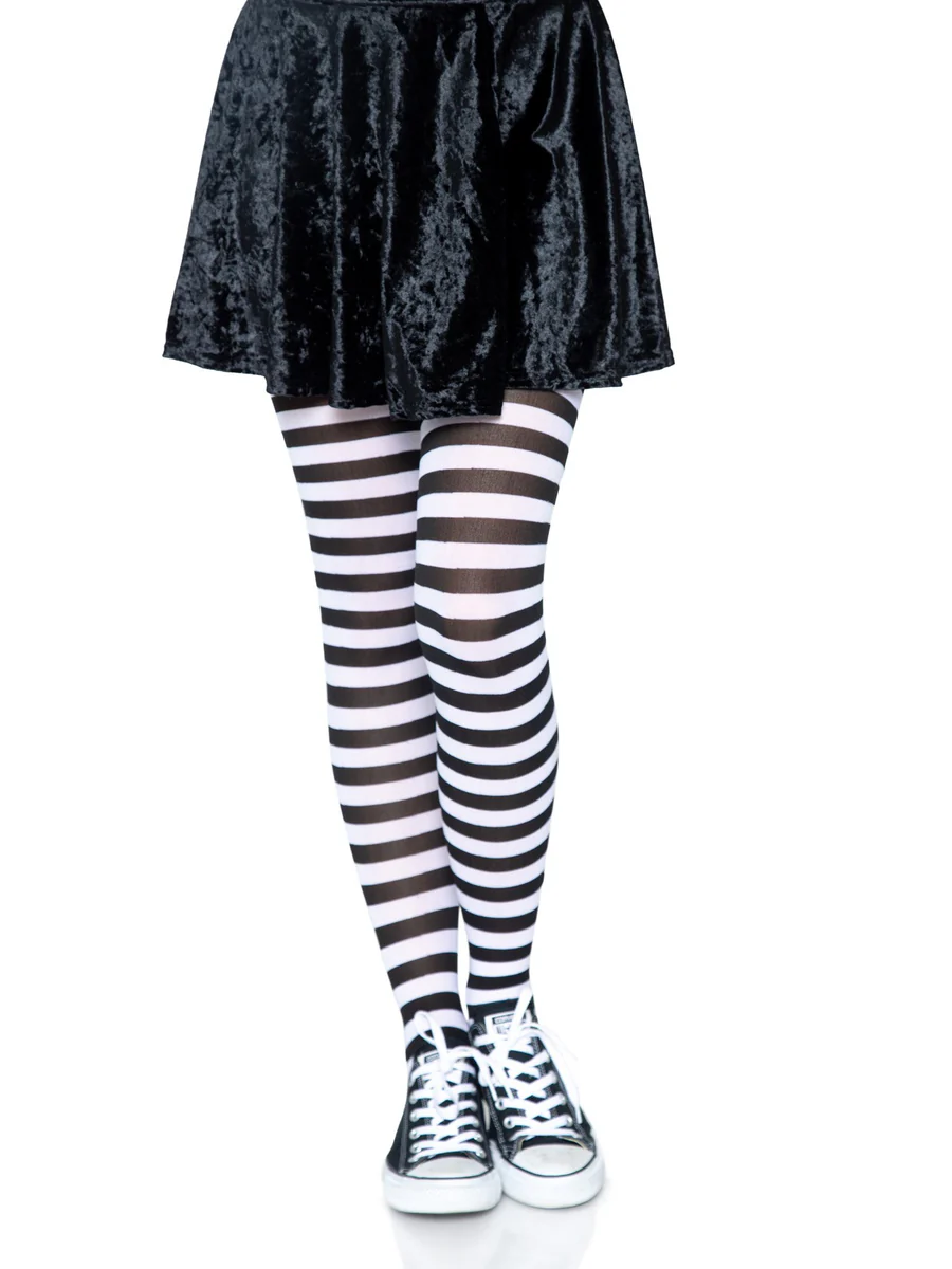 Leg Avenue Jada Nylon Striped Tights Black White One Size worn with a black velvet skirt and sneakers.