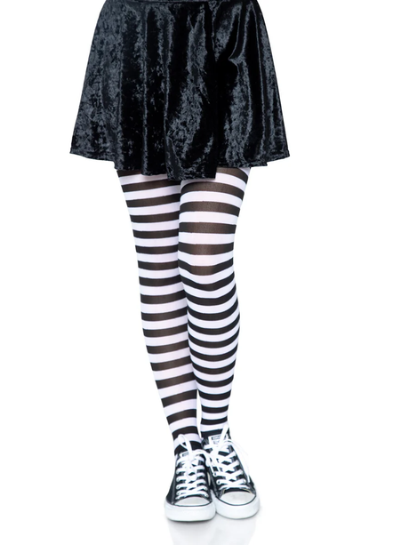 Leg Avenue Jada Nylon Striped Tights Black White One Size worn with a black velvet skirt and sneakers.