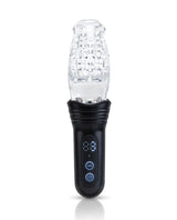 He-Vibe The Original Gluk Gluk Thrusting Masturbator in clear and black with controls for thrusting, vibration, and rotation.