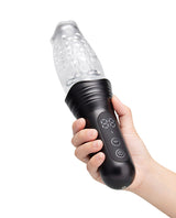 He-Vibe The Original Gluk Gluk Thrusting Masturbator in hand, showcasing modern design and digital controls.