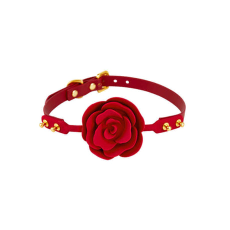 ZALO & UPKO red rose ball gag from Doll Designer Collection, luxury Italian leather strap with gold accents, Dow-Corning silicone ball