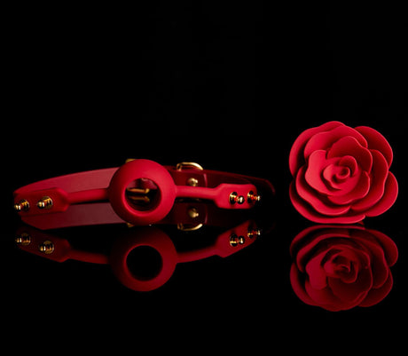 ZALO & UPKO Doll Designer Collection Rose Ball Gag red with patented rose-shaped design, luxury Italian leather, and zinc alloy.