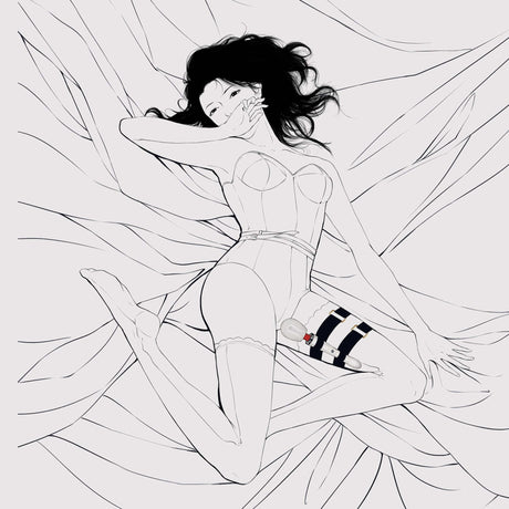 Illustration of a woman using a remote-control wand vibrator with a thigh harness, showcasing pleasure and excitement.