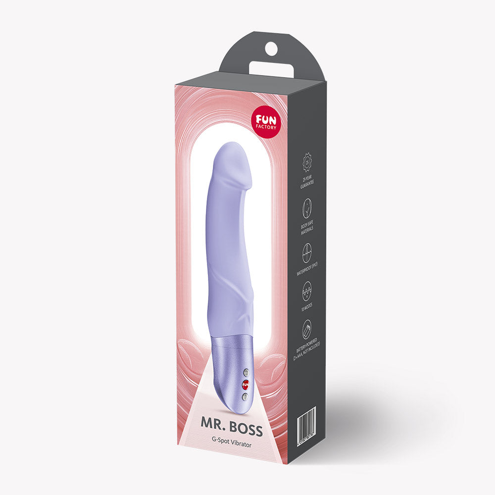 Fun Factory Mr Boss G-Spot Vibrator Purple packaging showcasing its design and features.