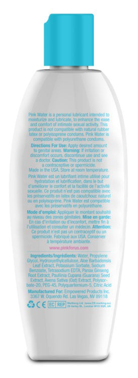 Pink Water Based Lubricant for Women 8 Oz Flip Top Bottle with moisturizing formula and instructions on the back.