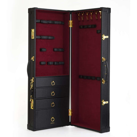 Luxury bondage storage trunk with red velvet lining and versatile compartments for BDSM tools and toys.