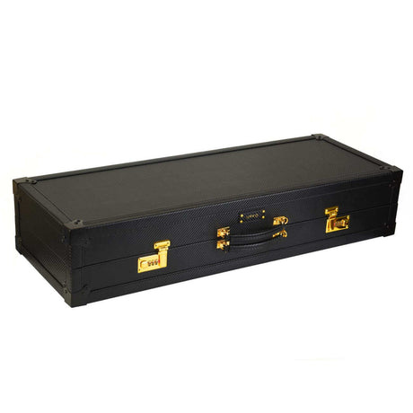Luxury black bondage trunk with gold locks, ideal for storing BDSM toys and tools securely.