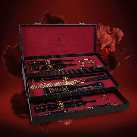 UPKO luxury Italian leather bondage tools set displayed in elegant case with accessories including collars and cuffs.