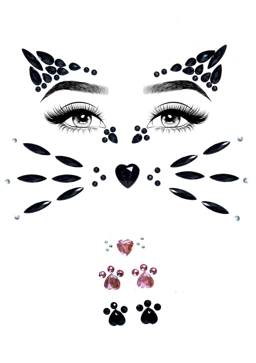 Leg Avenue Animal Rhinestone Stick-on Face Jewels featuring black and pink rhinestones for animal-themed costumes.