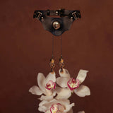 UPKO Mystic Bond Collection Collar with Pulling Nipple Clamps and orchids on a brown background.