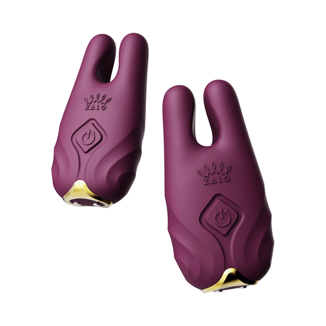 ZALO Nave Vibrating Nipple Clamps in Velvet Purple with EasyClamp technology and dual motors inspired by the goddess Nephthys